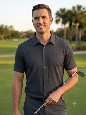 Marc Asher Men's Short-Sleeve Button Polo in Charcoal Gray